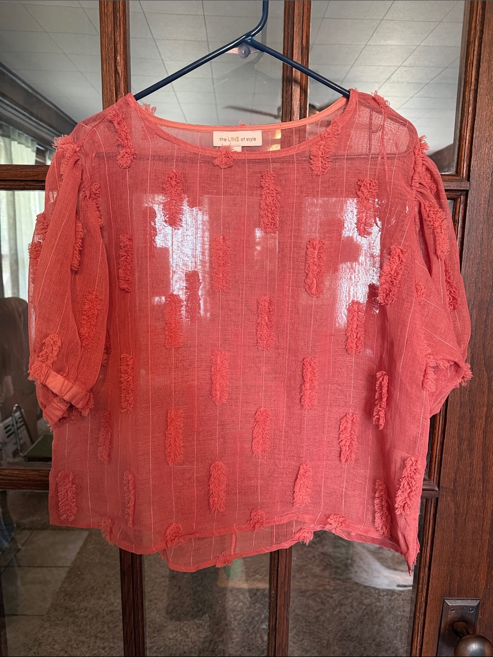 the LINE of style Coral Pink Eyelash Textured Sheer Puff Sleeve Blouse XL Whimsy
